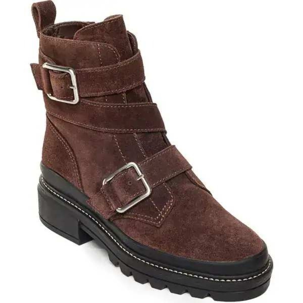 Bernardo Durban Boots Womens 8.5 Dark Chocolate Brown Suede Moto Buckle Lug Sole